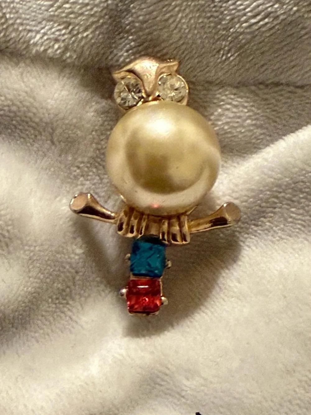 Gold-Tone Owl Brooch with Pearl and Red & Blue Stones